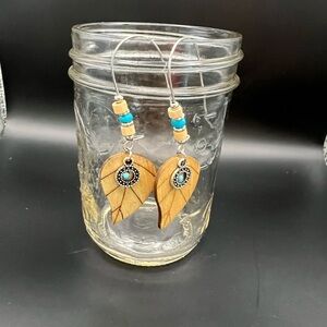 Handcrafted Wooden Leaf Earrings with Turquoise Accents